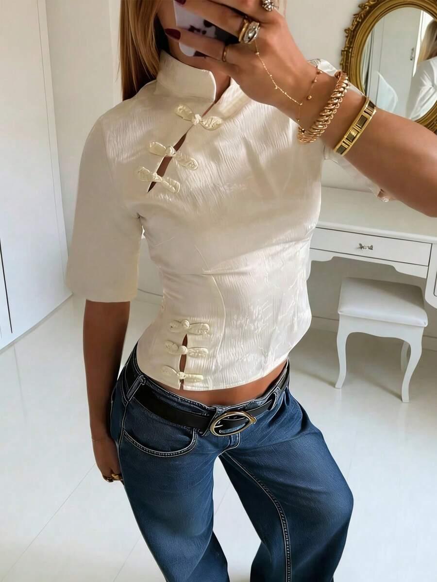SHEIN KREMOWA BLUZKA KRÓTKI RĘKAW S06__M