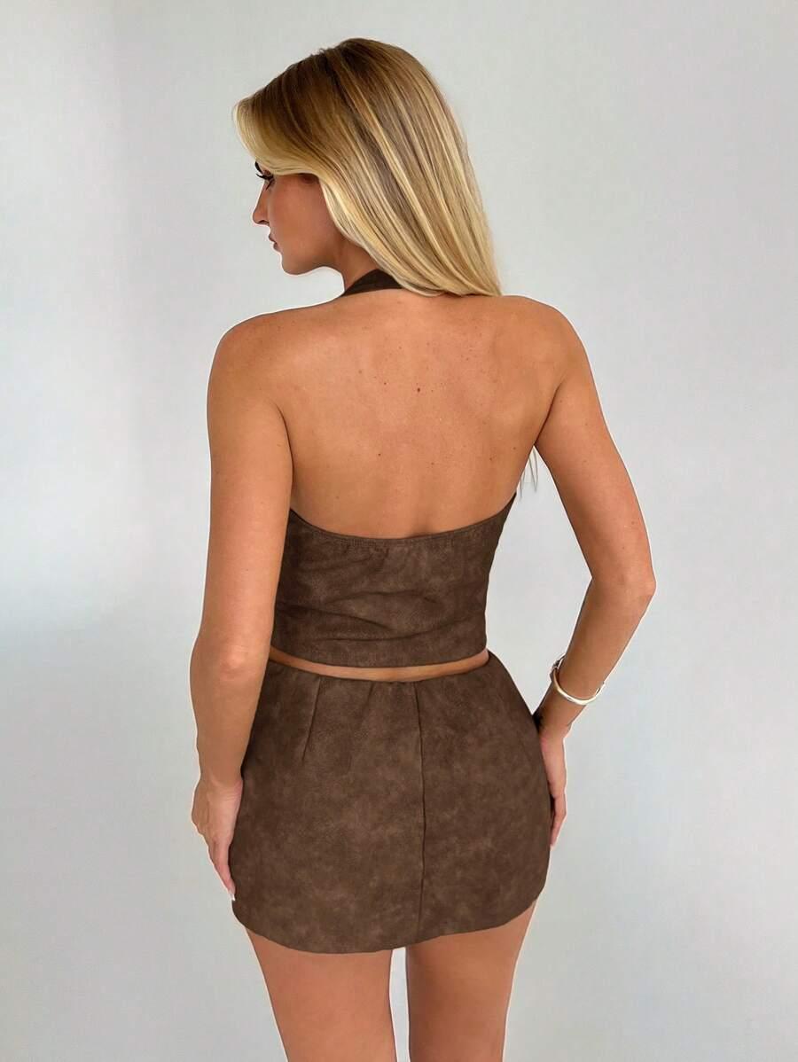 SHEIN BRĄZOWY DWUCZĘŚCIOWY KOMPLET TOP SPÓDNICA S06__S