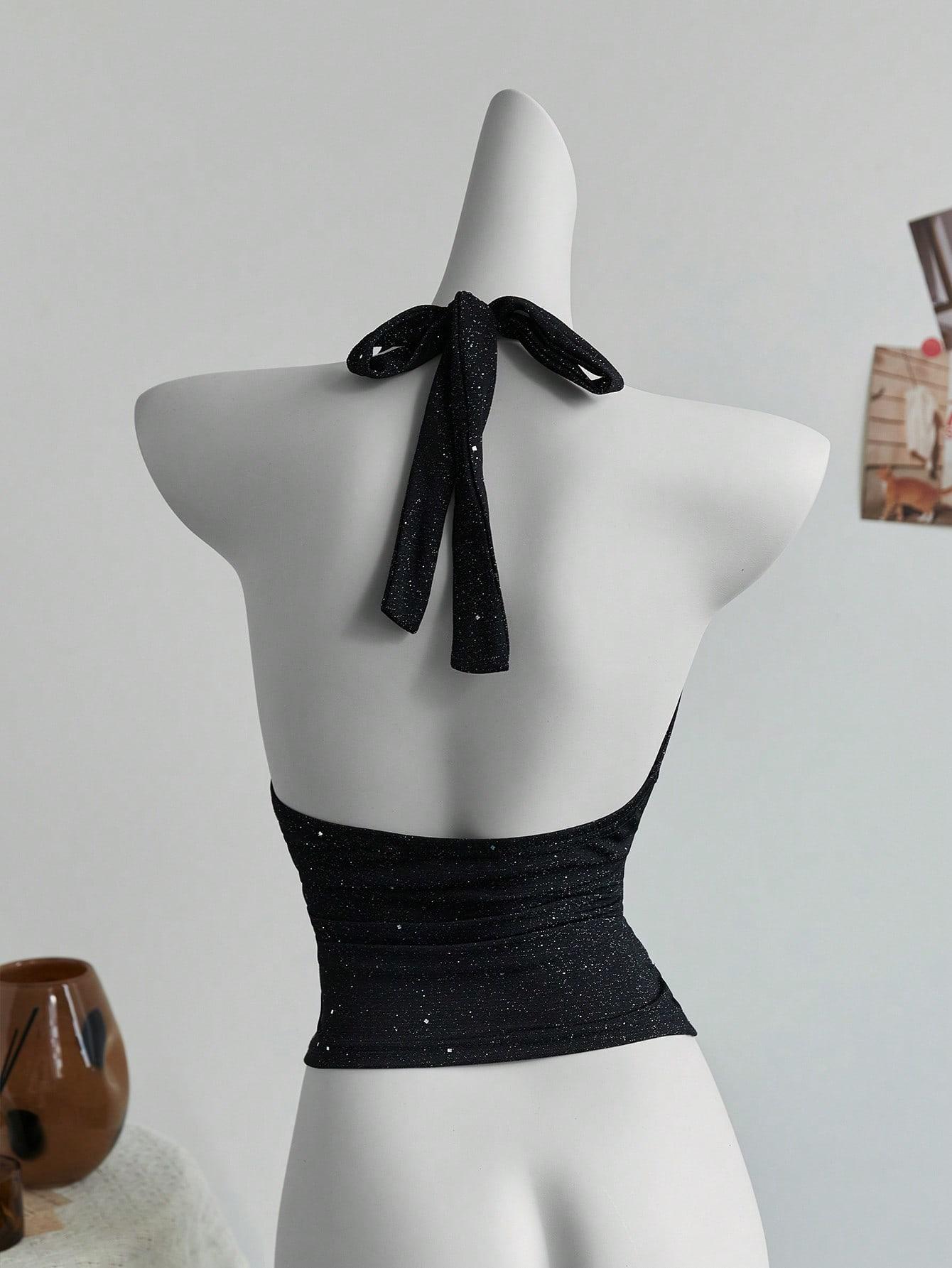 SHEIN CZARNY TOP POŁYSK S06__S