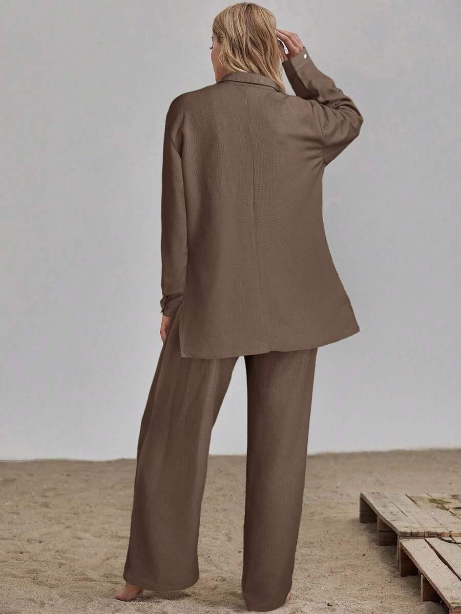 SHEIN BRĄZOWY KOMPLET KOSZULA SPODNIE OVERSIZE S06__L