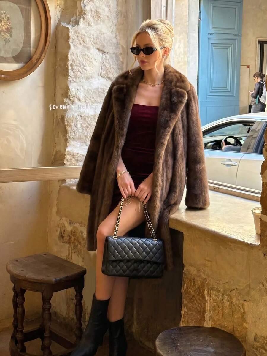 SHEIN BRĄZOWE SZTUCZNE FUTRO W01__L