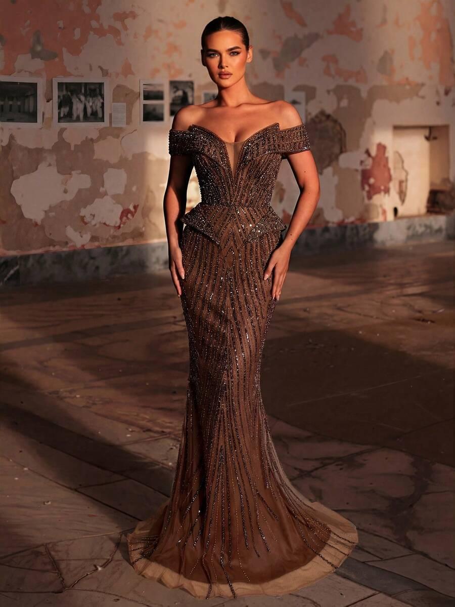 GLAMRAE BRĄZOWA MAXI SUKIENKA ZDOBIENIE S06__S