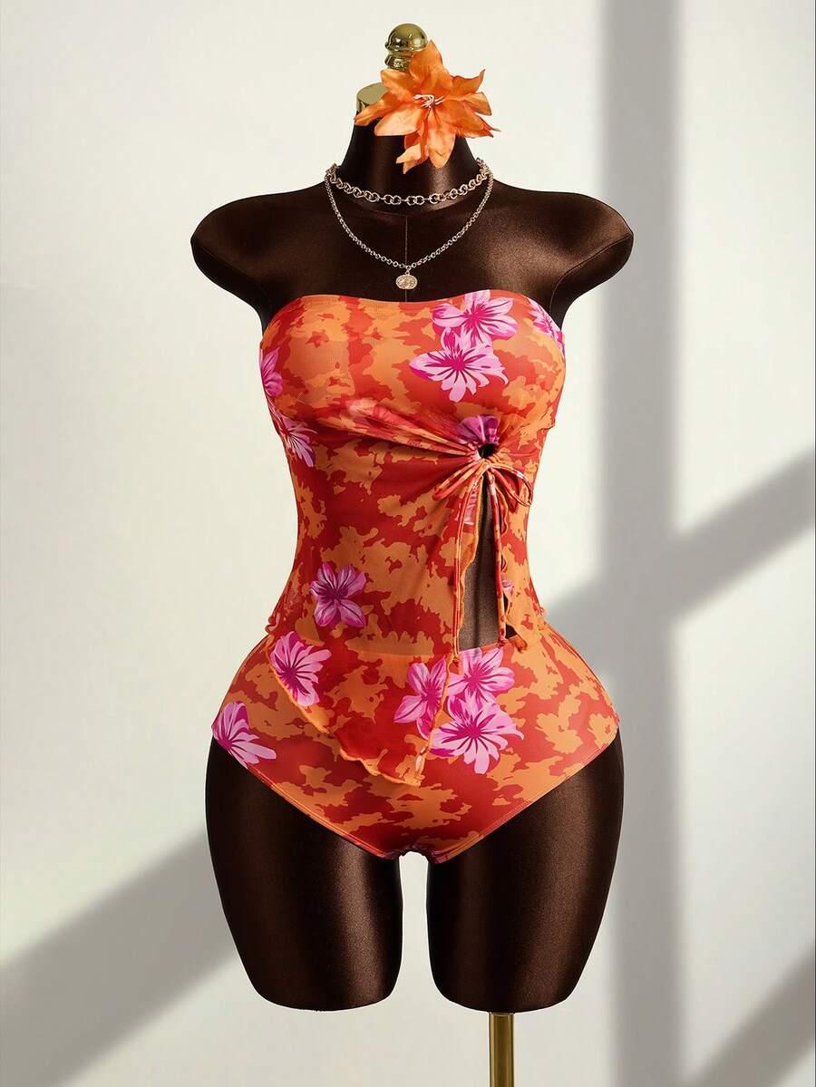 SHEIN DWUCZĘŚCIOWY KOSTIUM KĄPIELOWY SIATECZKA KWIATY S09__XL