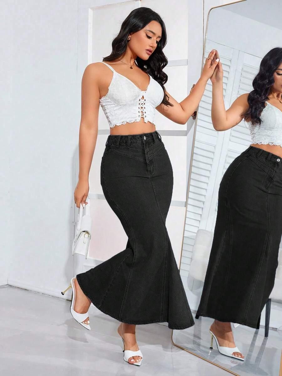 SHEIN CZARNA MAXI SPÓDNICA JEANS