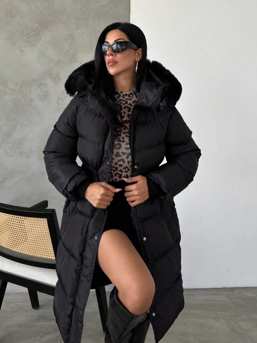 SHEIN CZARNA PIKOWANA KURTKA KAPTUR W01__L