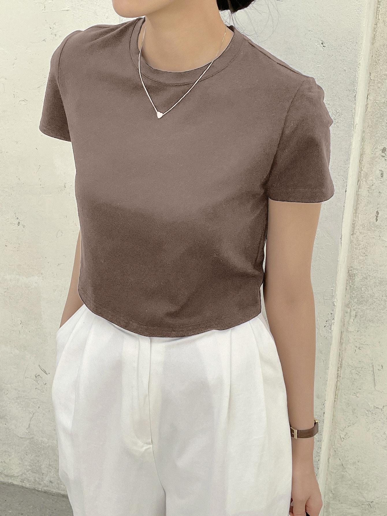 SHEIN BRĄZOWY GŁADKI T-SHIRT S06__L