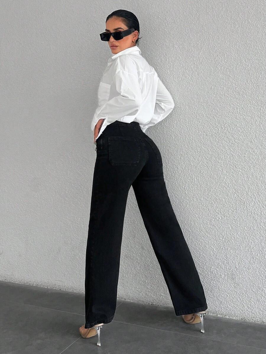 SHEIN CZARNE SPODNIE JEANS ZDOBIENIE GUZIKI S06__S