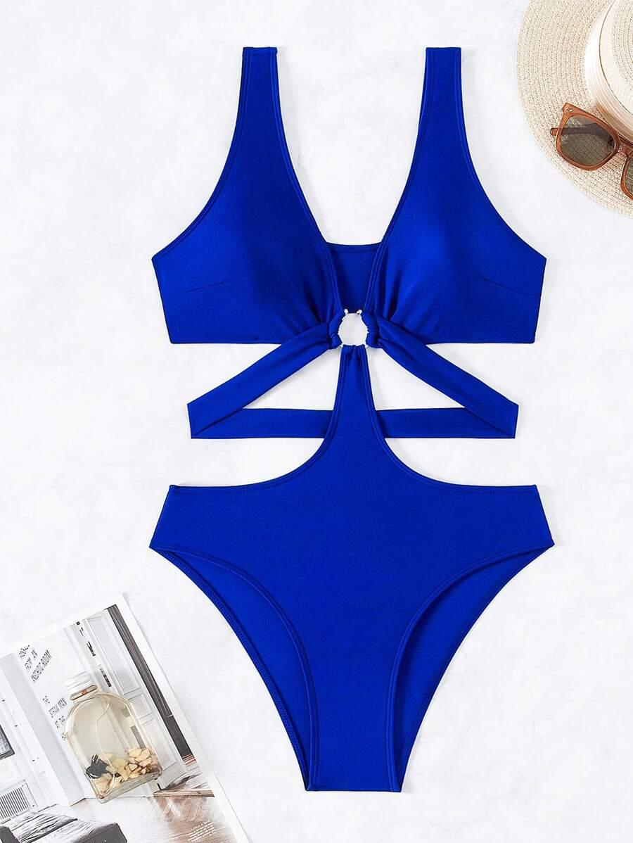 SHEIN NIEBIESKI JEDNOCZĘŚCIOWY STRÓJ KĄPIELOWY WYCIĘCIE S09__M
