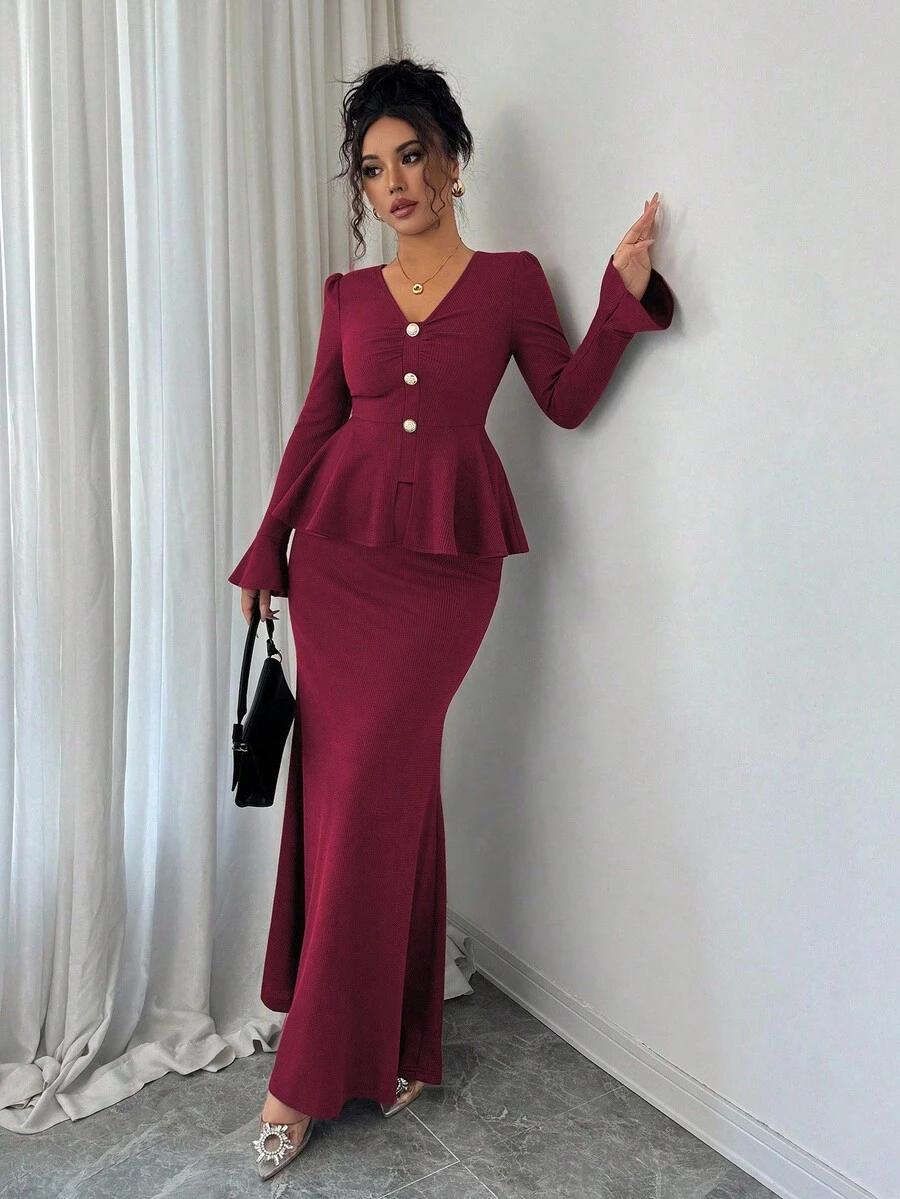 ELENZGA BORDOWY KOMPLET BLUZKA SPÓDNICA MAXI S06__XL