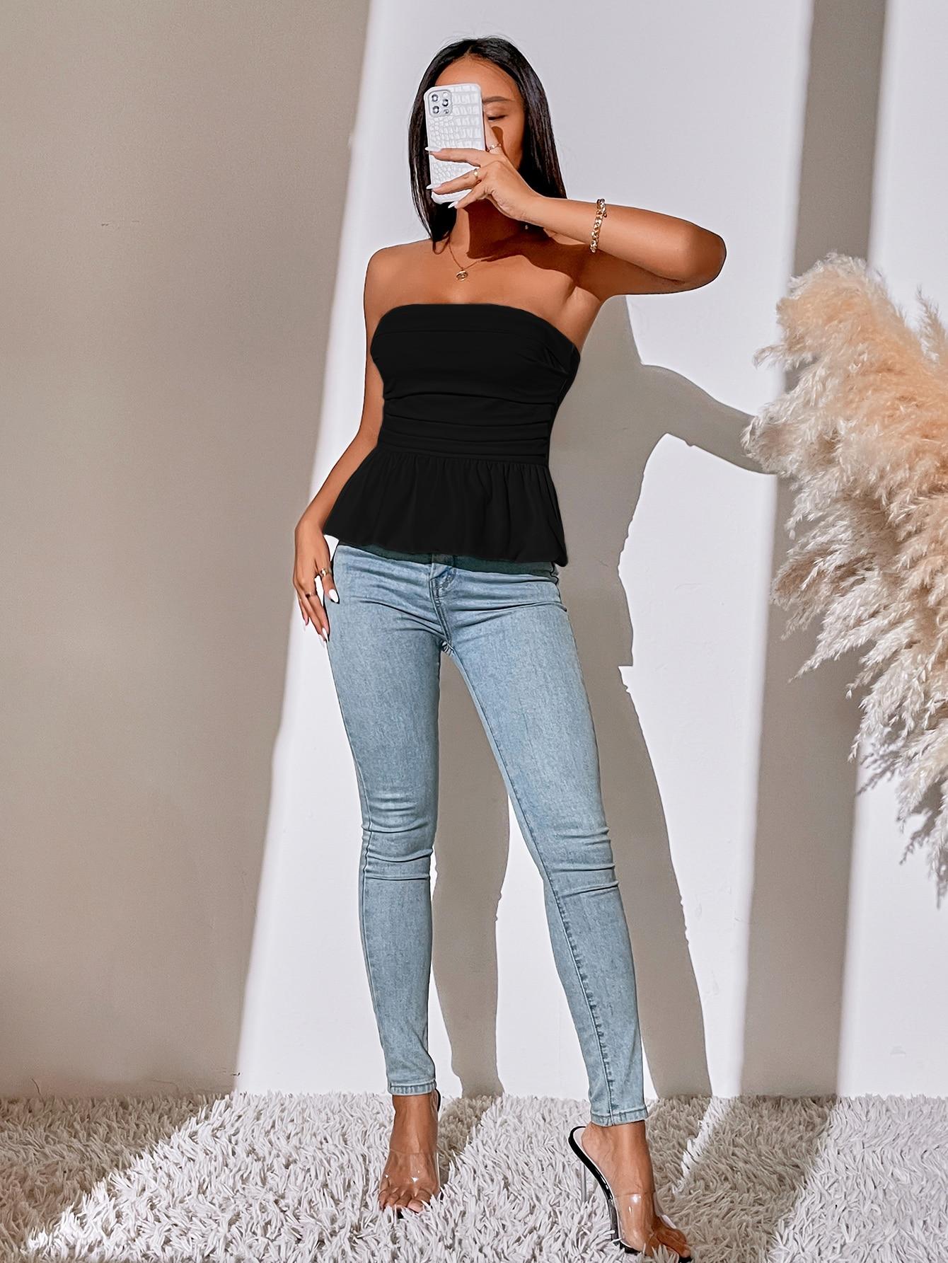 SHEIN KLASYCZNY CZARNY TOP FALBANA S06__L