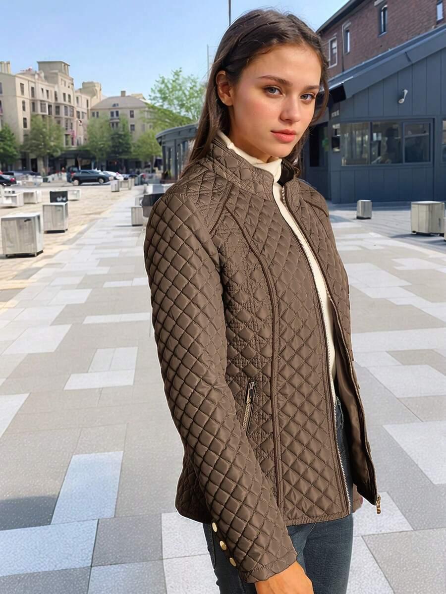 SHEIN BRĄZOWA PIKOWANA KURTKA ZAMEK W01__M
