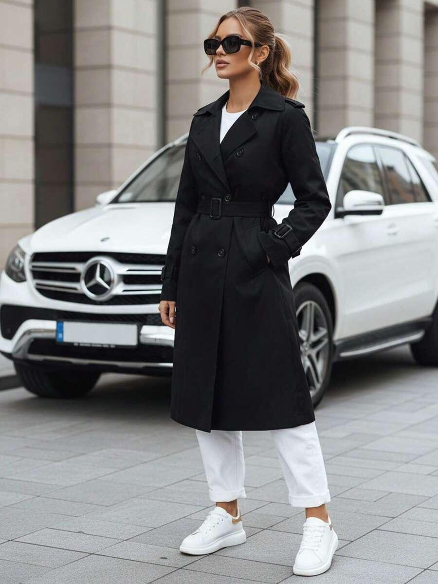 SHEIN CZARNY PŁASZCZ GUZIKI W01__M