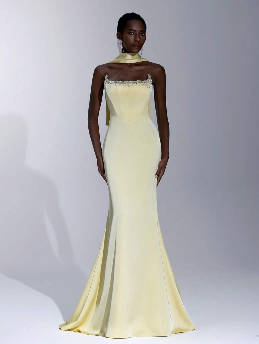 SHEIN ŻÓŁTA MAXI SUKIENKA ZDOBIENIE S06__XS