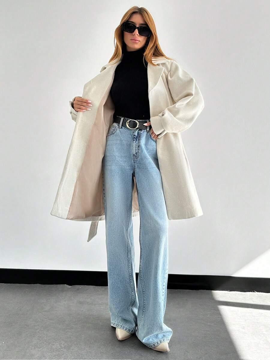 SHEIN BEŻOWY KLASYCZNY PŁASZCZ W01__M