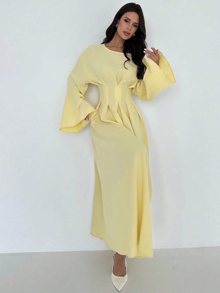 SHEIN ŻÓŁTA MAXI SUKIENKA DŁUGI RĘKAW S09__S