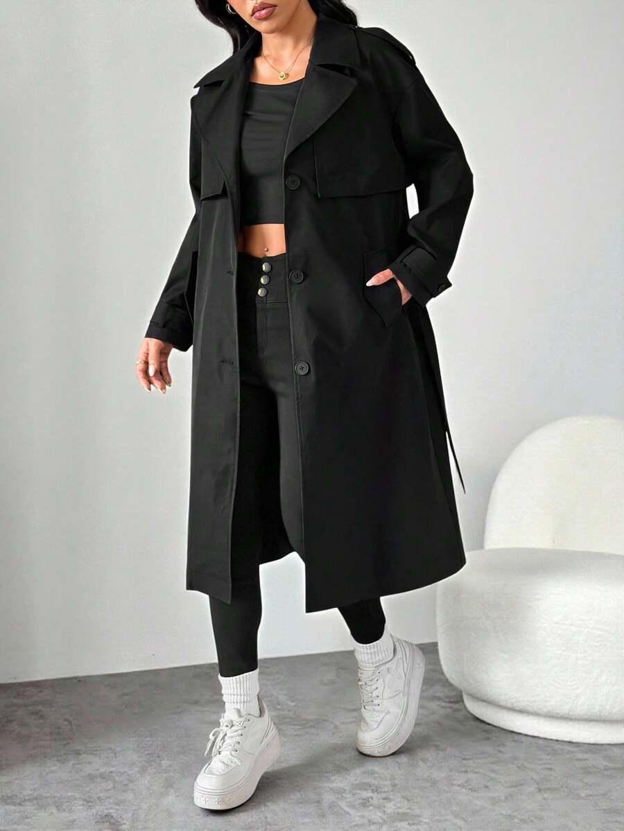SHEIN CZARNY PŁASZCZ TRENCZ W01__XXS