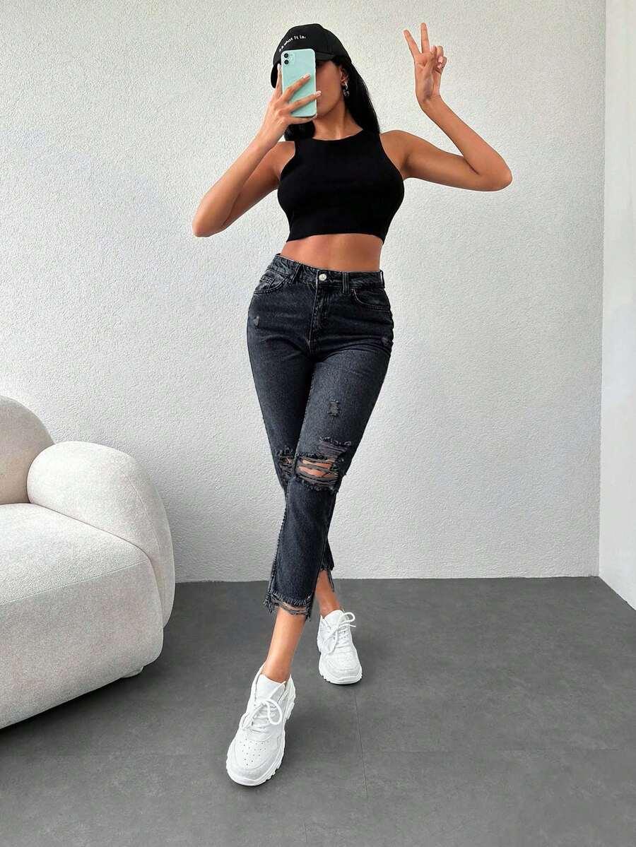 EURMUSE CZARNE SPODNIE MOM JEANS S06__M