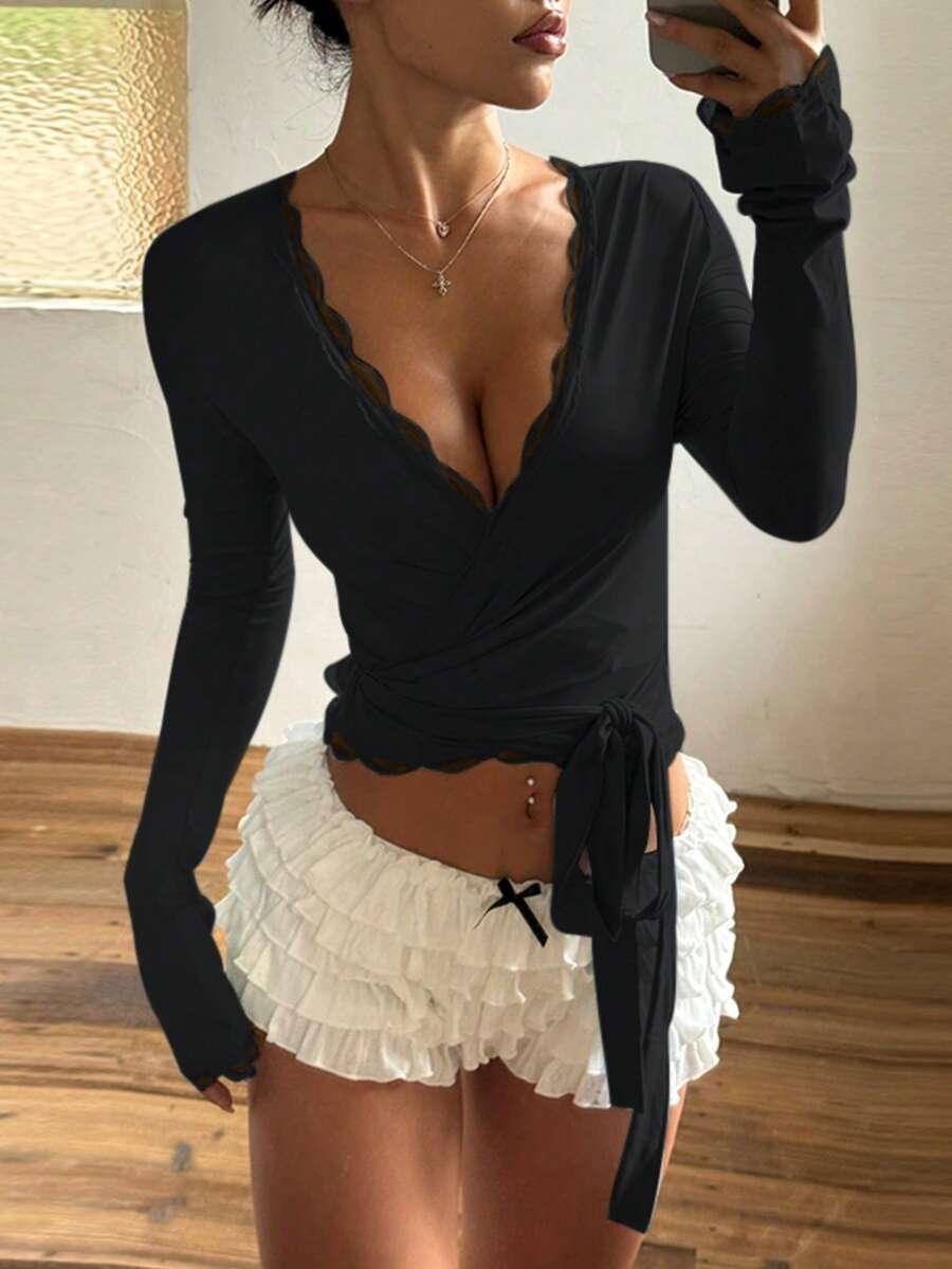 SHEIN CZARNA BLUZKA WIĄZANIE S06__XS