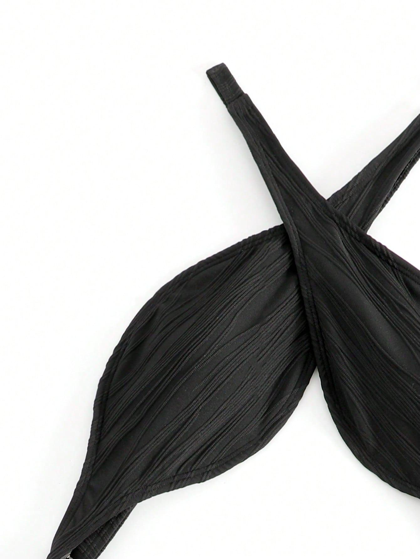 SHEIN CZARNY JEDNOCZĘŚCIOWY STRÓJ KĄPIELOWY TEKSTURA PK01__M