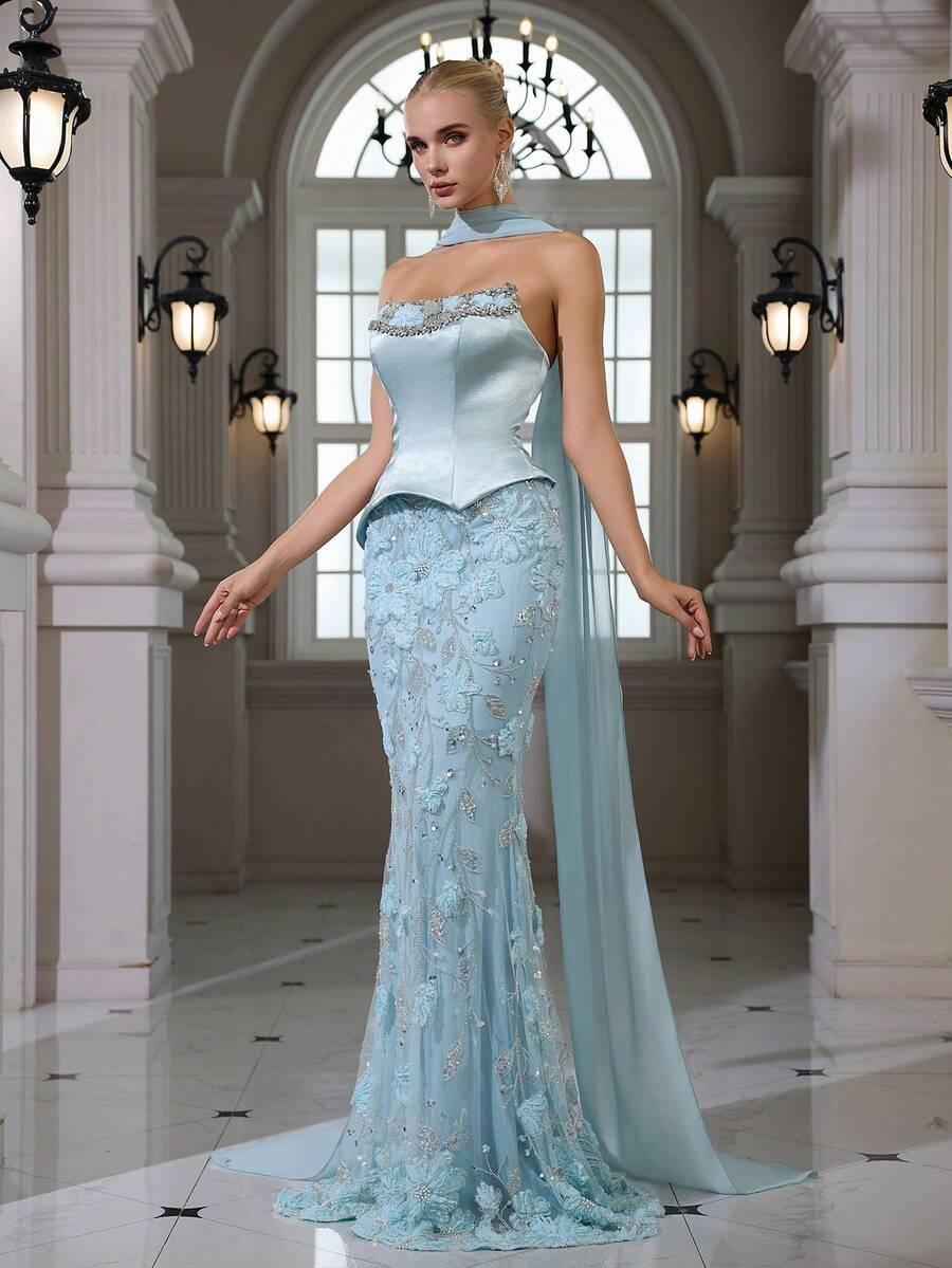SHEIN NIEBIESKA MAXI SUKIENKA ZDOBIENIE S06__S