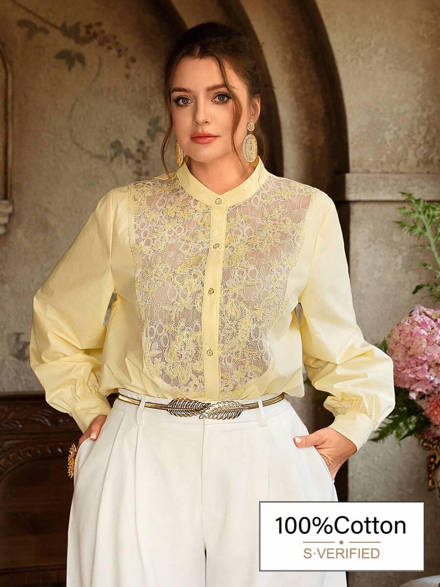 SHEIN ŻÓŁTA KOSZULA KORONKA ZDOBIENIE DŁUGI RĘKAW S06__48