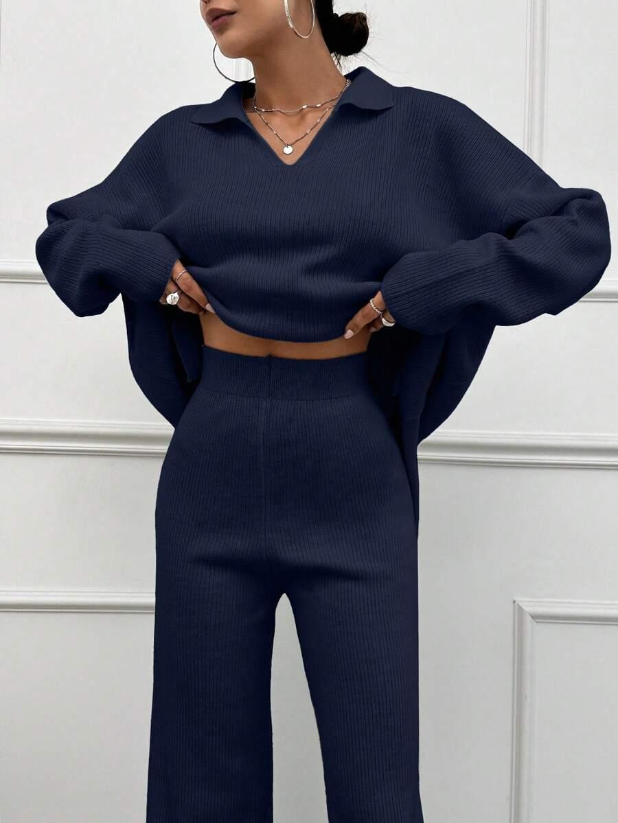 SHEIN GRANATOWY DZIANINOWY SWETER SPODNIE KOMPLET S06__S