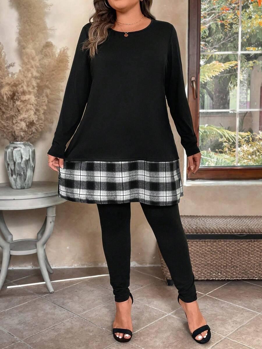 SHEIN KOMPLET LEGGINSY BLUZKA WZÓR KRATKA PK01__50