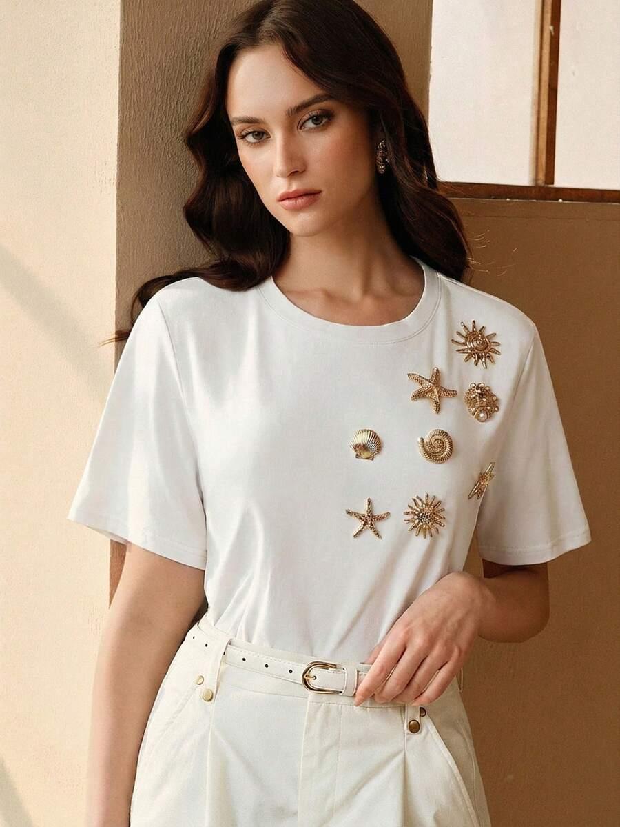 ANEWSTA BIAŁY T-SHIRT ZDOBIENIE S09__M