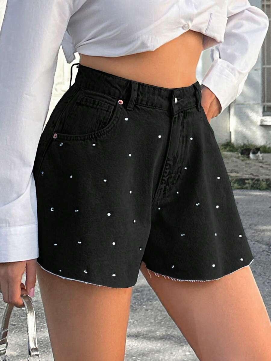 SHEIN CZARNE JEANSOWE SPODENKI ZDOBIENIA S06__L
