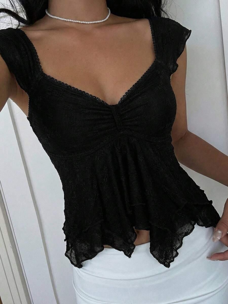 SHEIN CZARNY TOP KORONKA S06__L