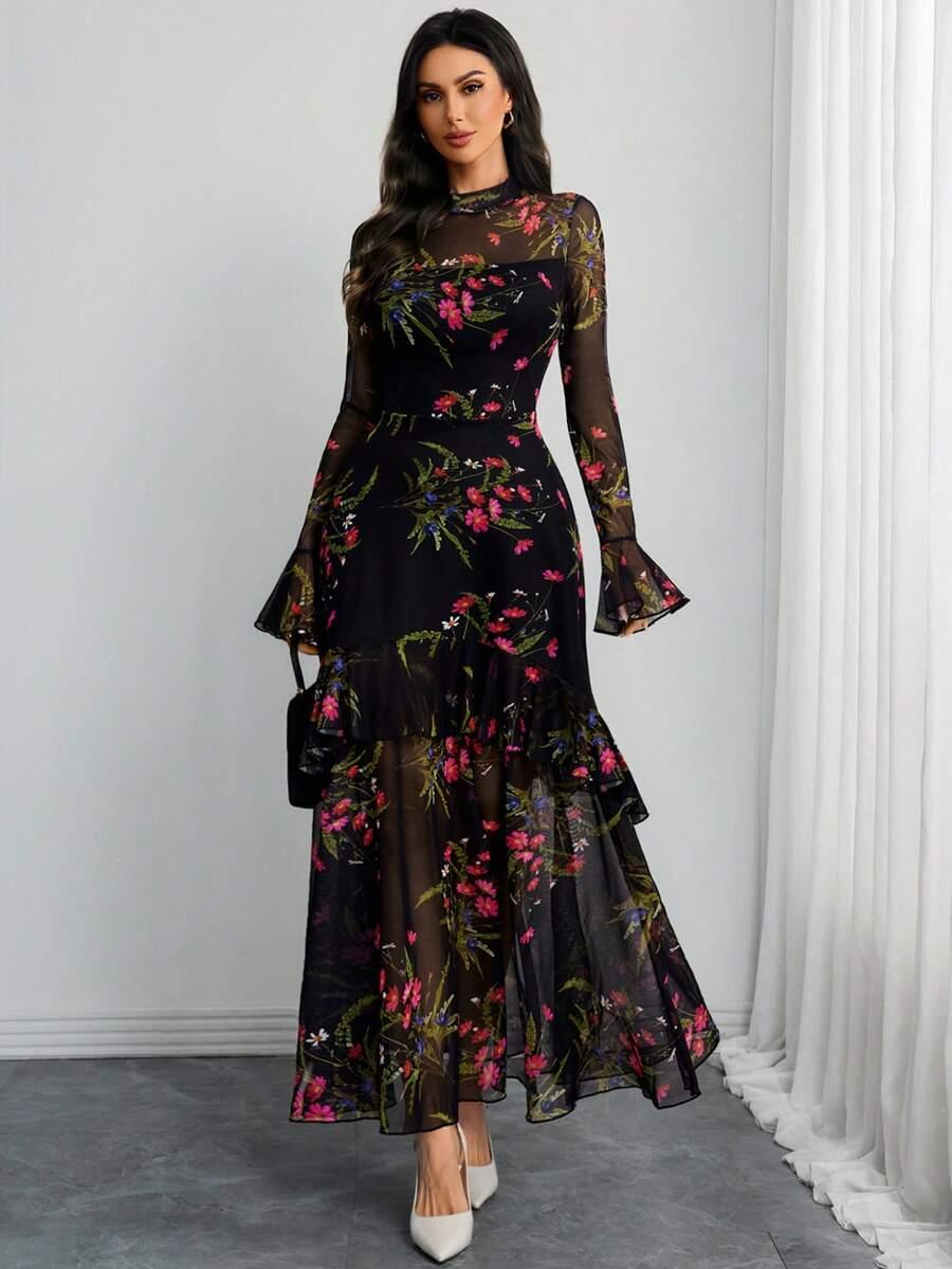 SHEIN CZARNA SUKIENKA ROŚLINY S06__L