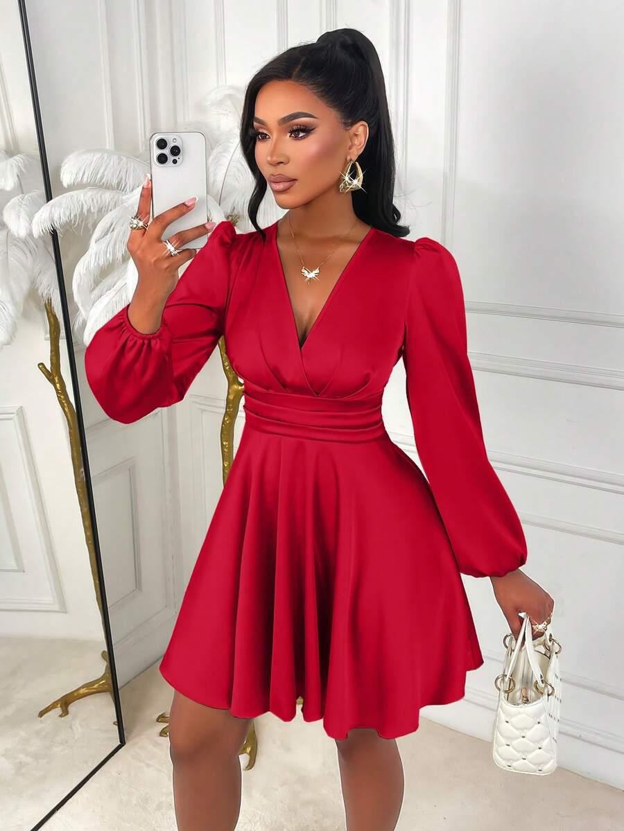 SHEIN CZERWONA MINI SUKIENKA DŁUGI RĘKAW S06__S