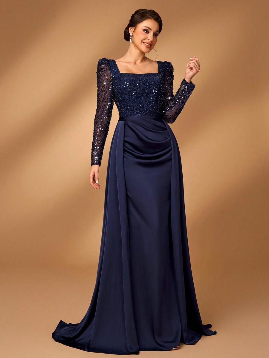 SHEIN GRANATOWA MAXI SUKIENKA ZDOBIENIE S06__L