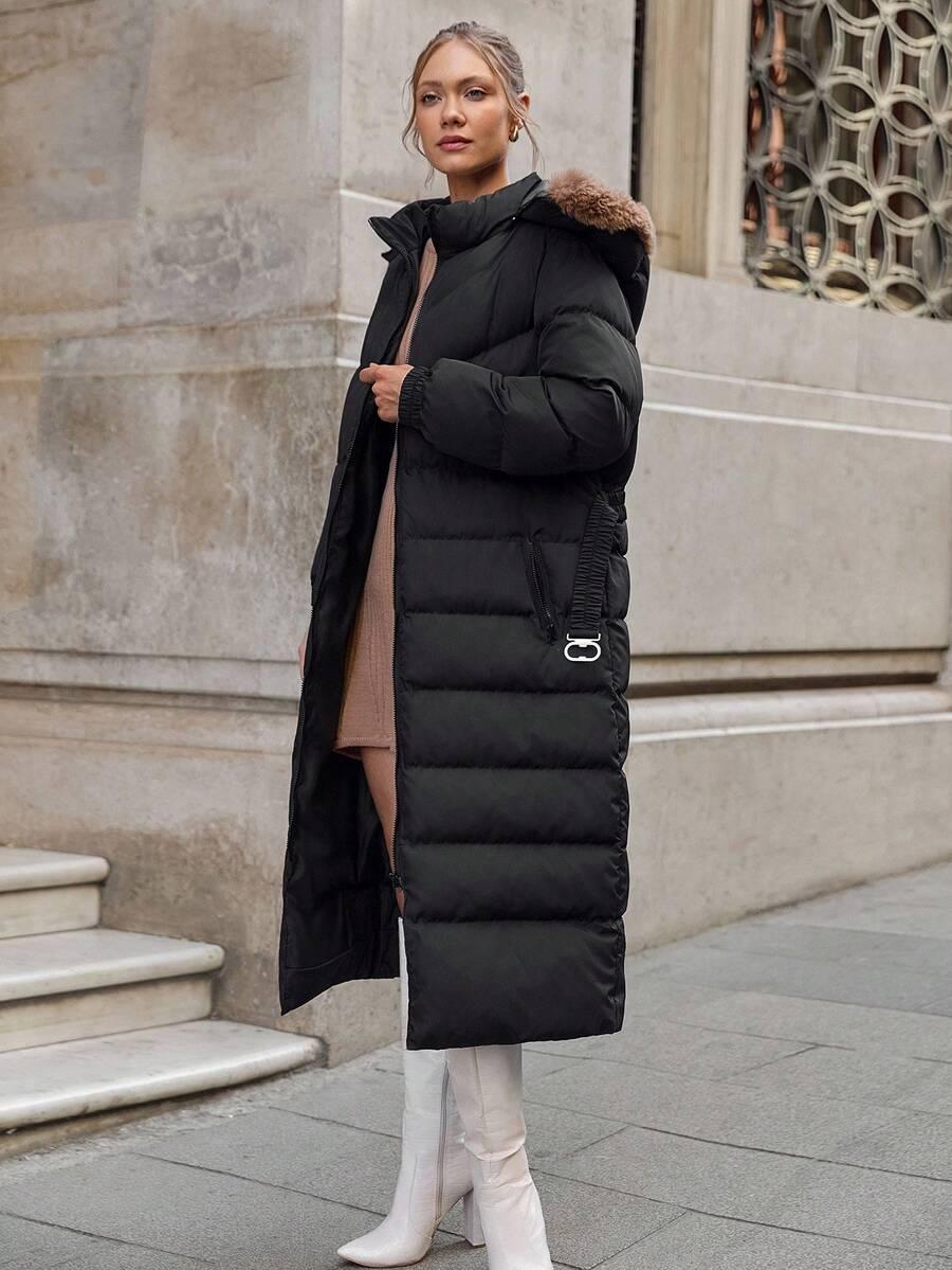 SHEIN CZARNA PIKOWANA KURTKA Z KAPTUREM ZAMEK W01__M