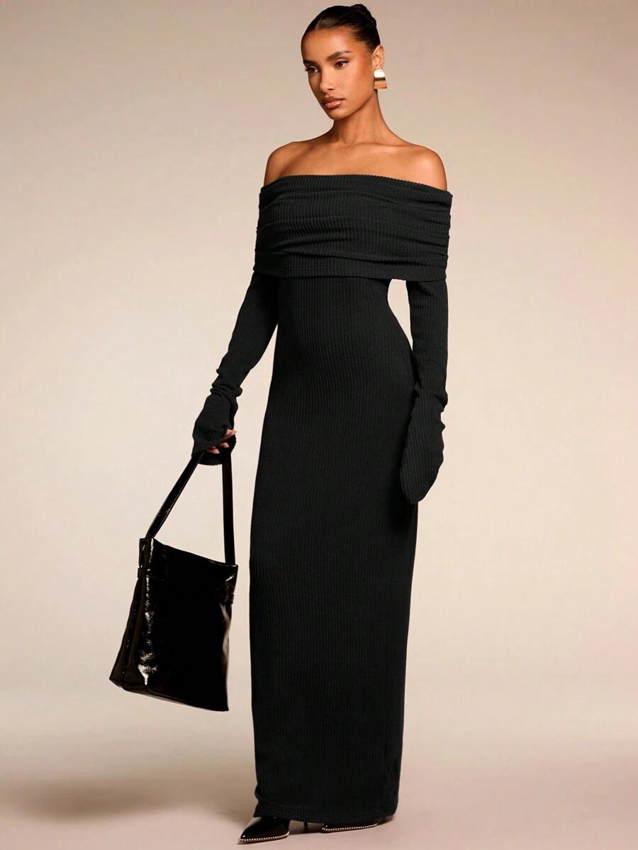 SHEIN CZARNA MAXI SUKIENKA ODKRYTE RAMIONA S06__S