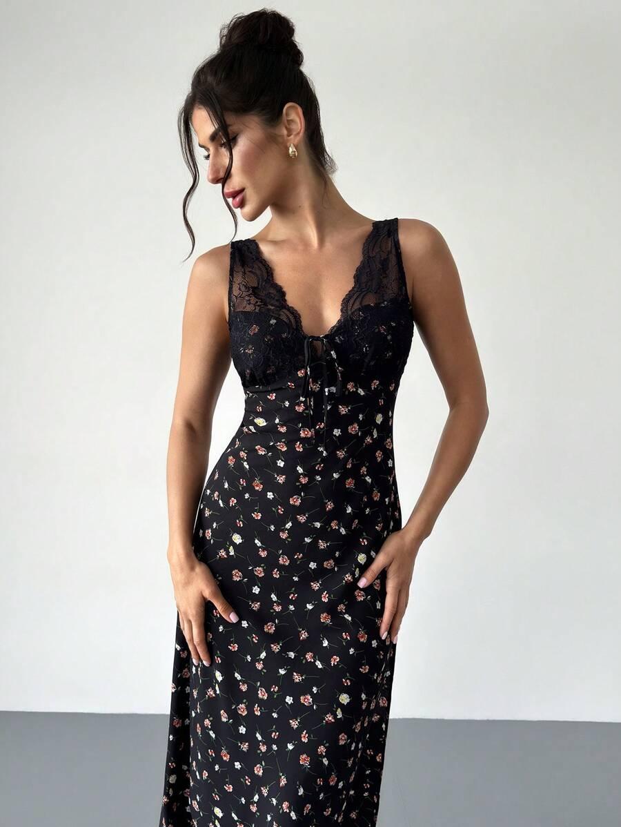FIRERIE CZARNA MAXI SUKIENKA KWIATY S06__M