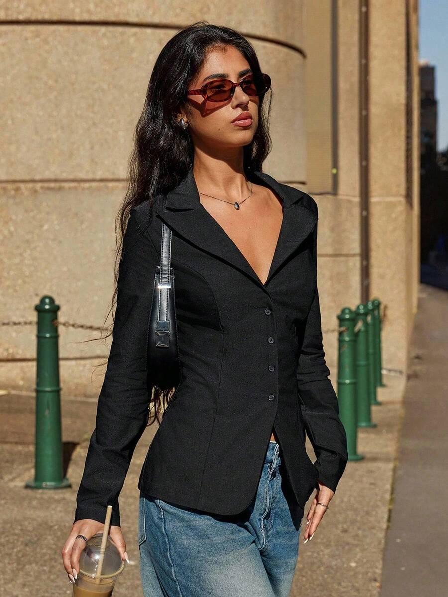 FOREVER 21 CZARNA BLUZKA DŁUGI RĘKAW GUZIKI S06__XS