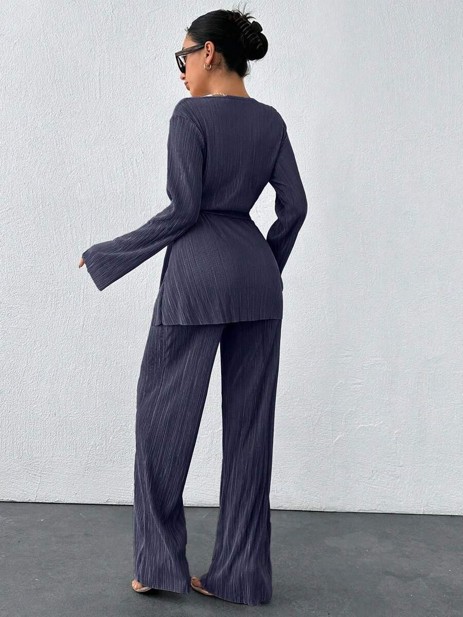 SHEIN PLISOWANY KOMPLET BLUZKA Z PASKIEM SPODNIE PK01__XL