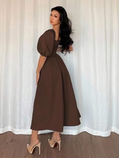 SHEIN BRĄZOWA SUKIENKA BUFIASTE RĘKAWY S06__S
