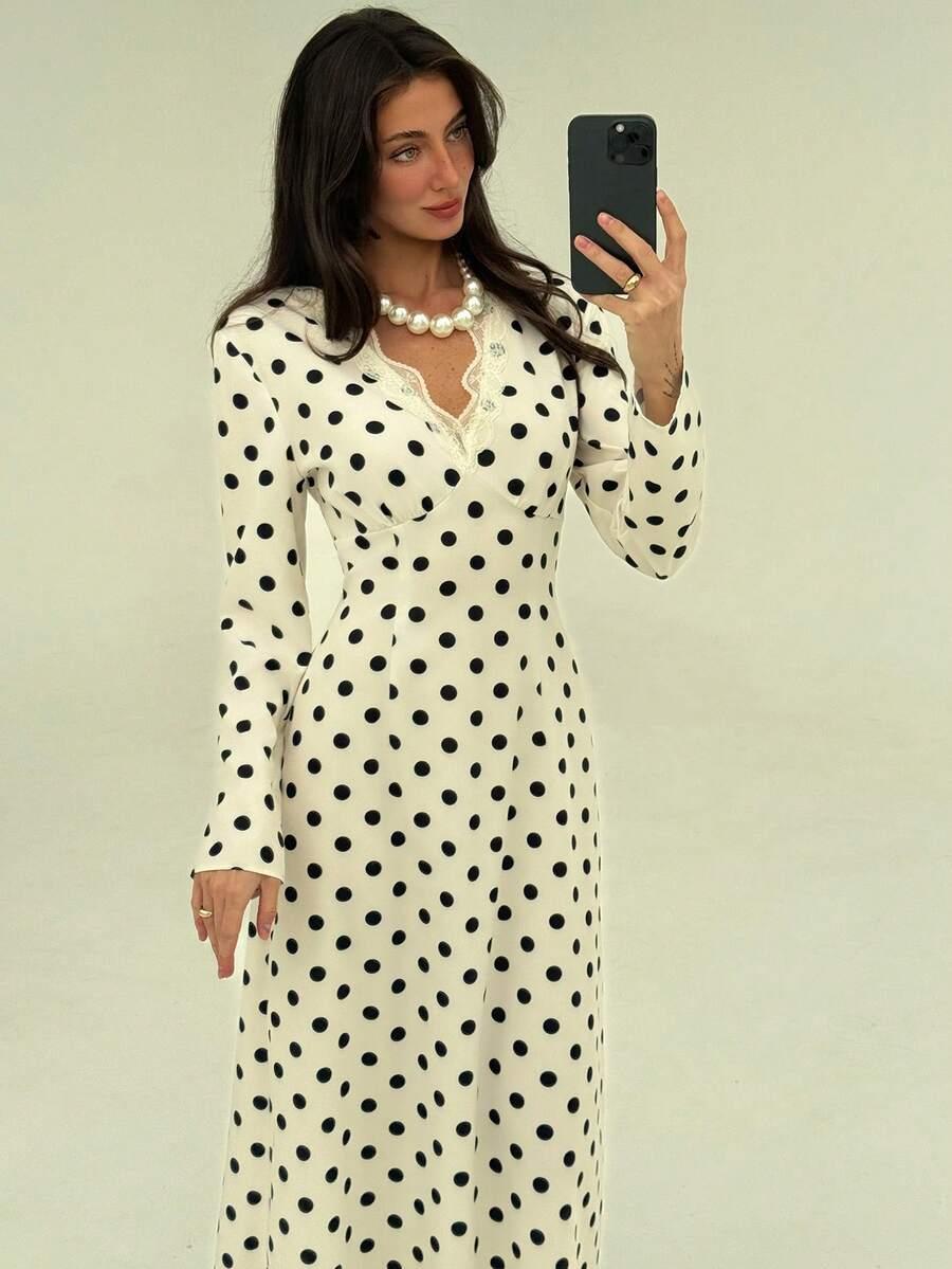 SHEIN MAXI SUKIENKA DŁUGI RĘKAW GROSZKI S06__L