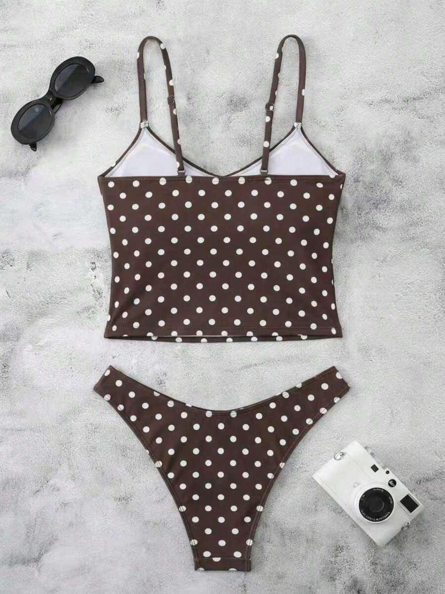 SHEIN BRĄZOWY STRÓJ KĄPIELOWY DWUCZĘŚCIOWY GROCHY S09__M