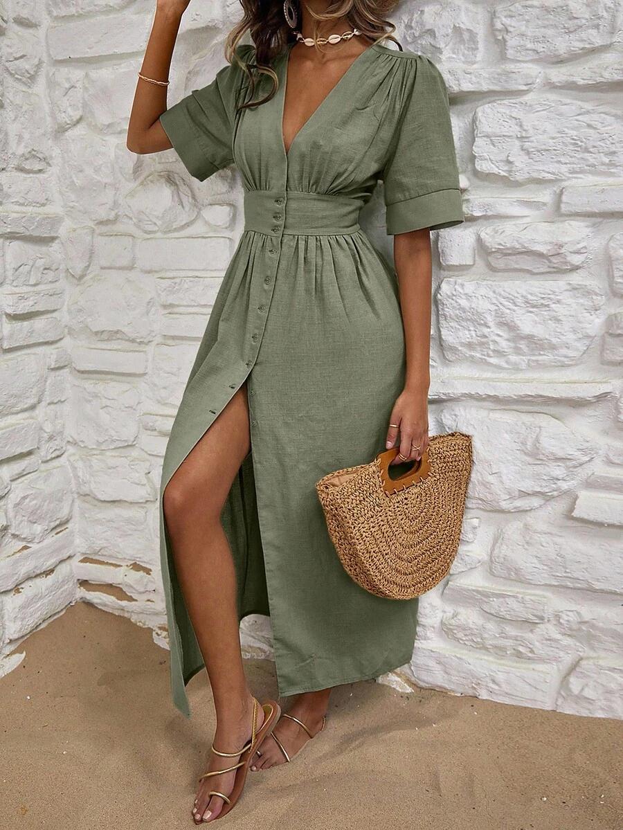 SHEIN ZIELONA MAXI SUKIENKA GUZIKI S06__46