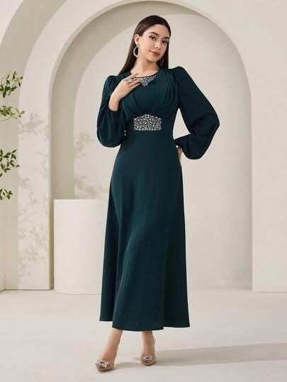 SHEIN ZIELONA MAXI SUKIENKA ZDOBIENIE S06__M