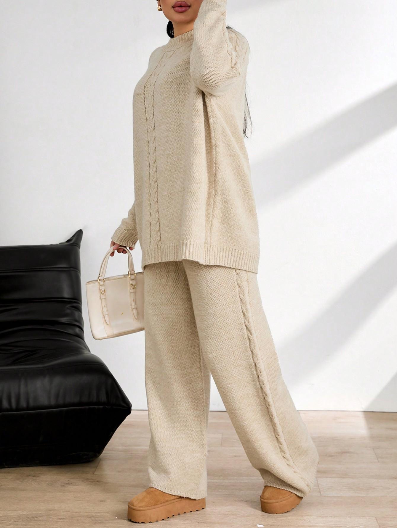 SHEIN BEŻOWY DZIANINOWY KOMPLET SWETER SPODNIE PK01__XXL