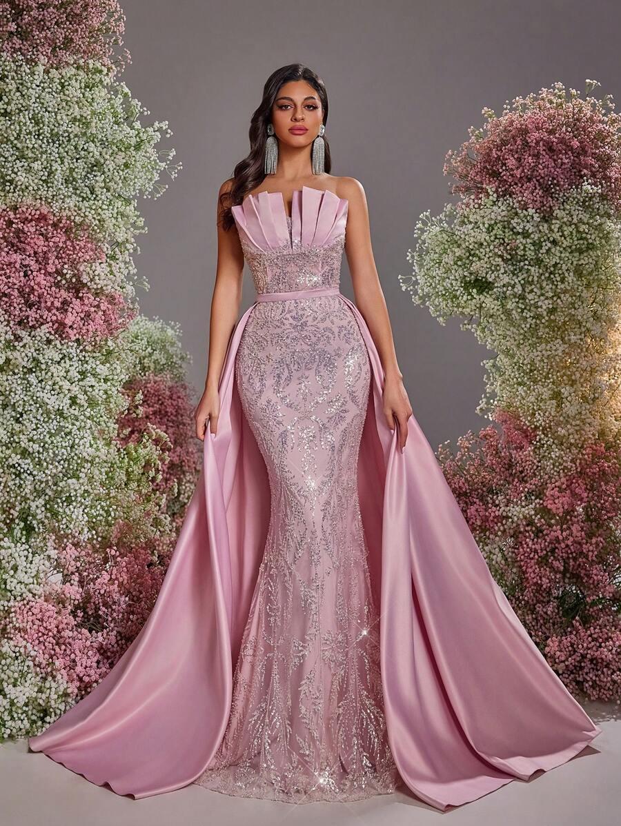 SHEIN RÓŻOWA MAXI SUKIENKA ZDOBIENIE S06__S