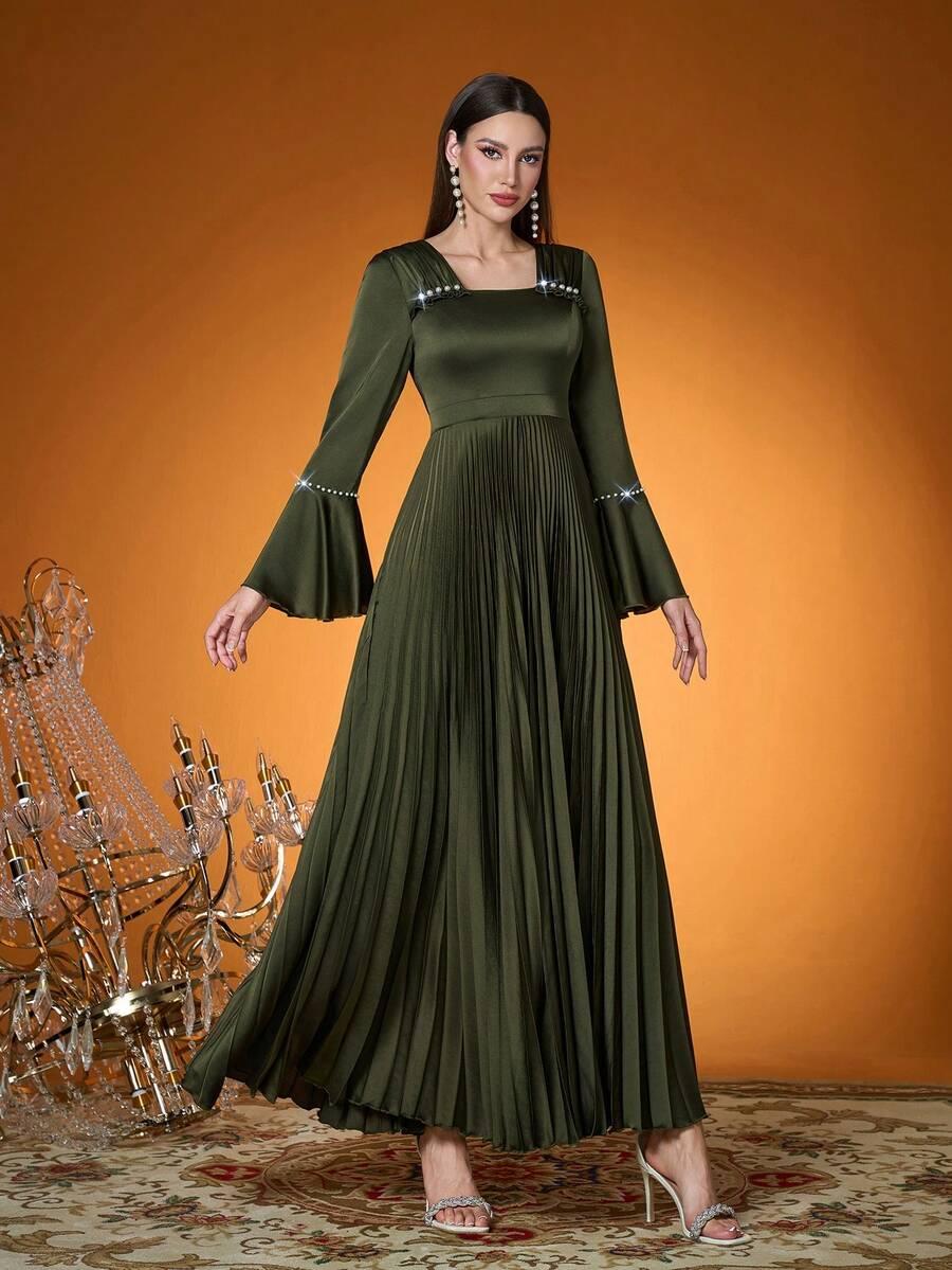 SHEIN ZIELONA PLISOWANA MAXI SUKIENKA ZDOBIENIE S06__M