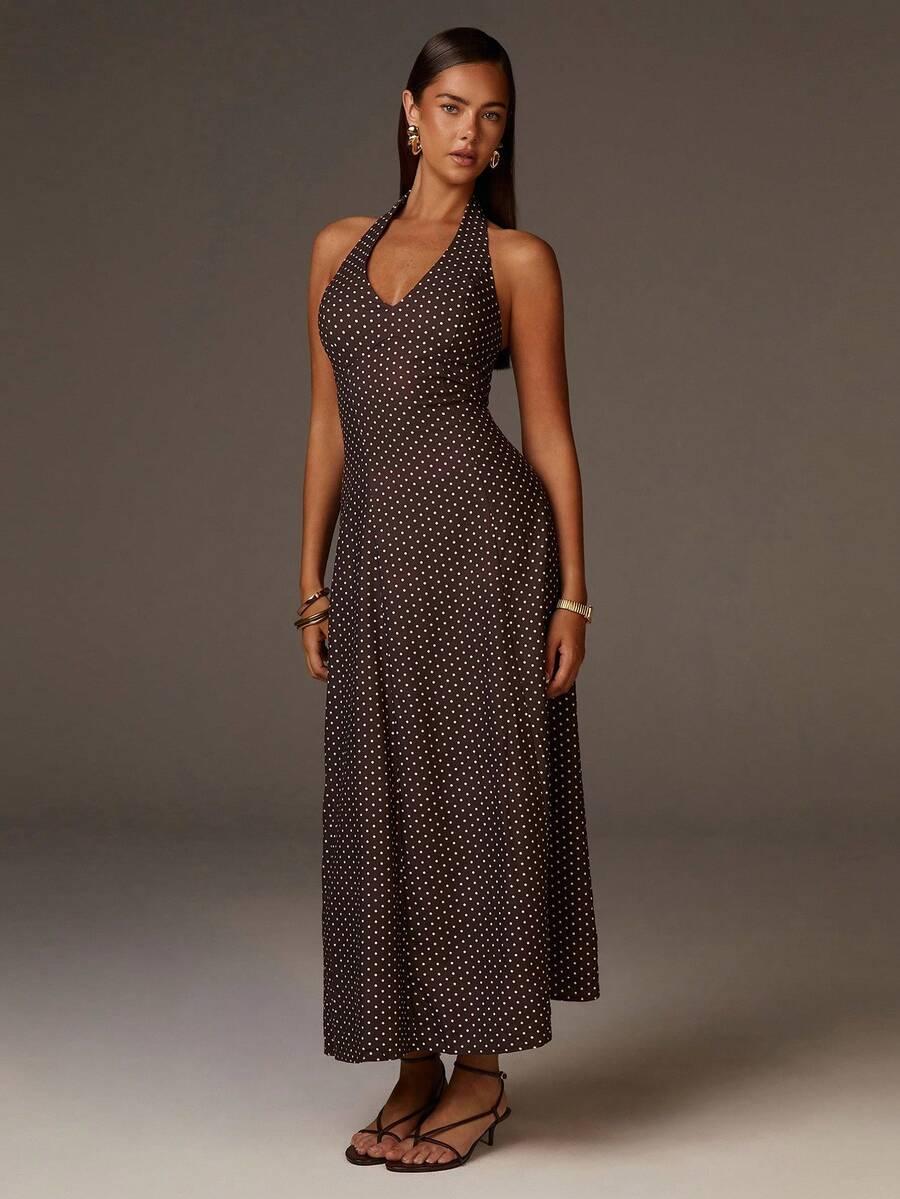 SHEIN BRĄZOWA MAXI SUKIENKA GROSZKI S06__M