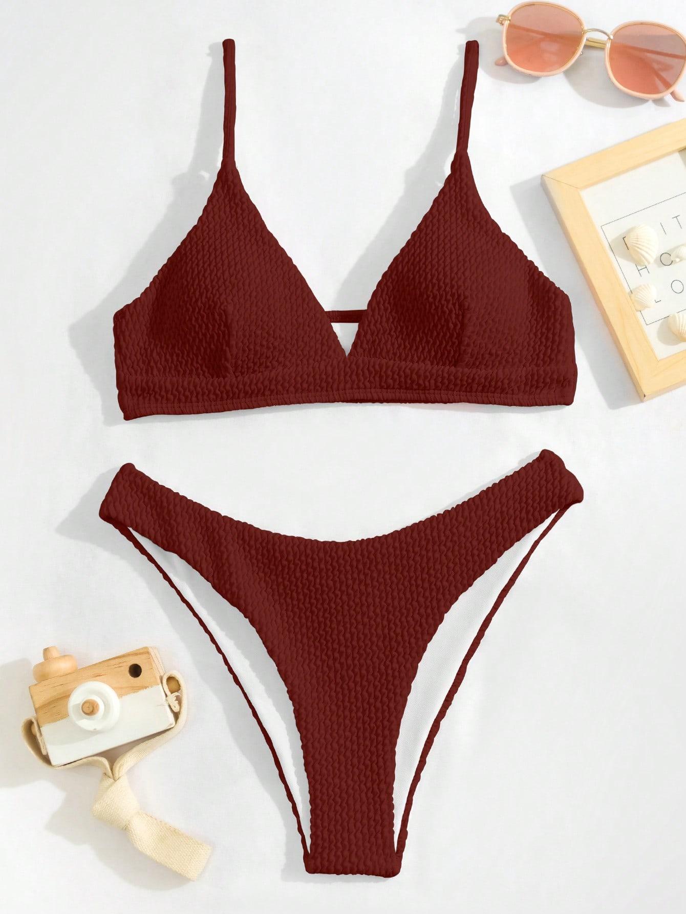 SHEIN BRĄZOWY STRÓJ KĄPIELOWY TEKSTURA S09__L