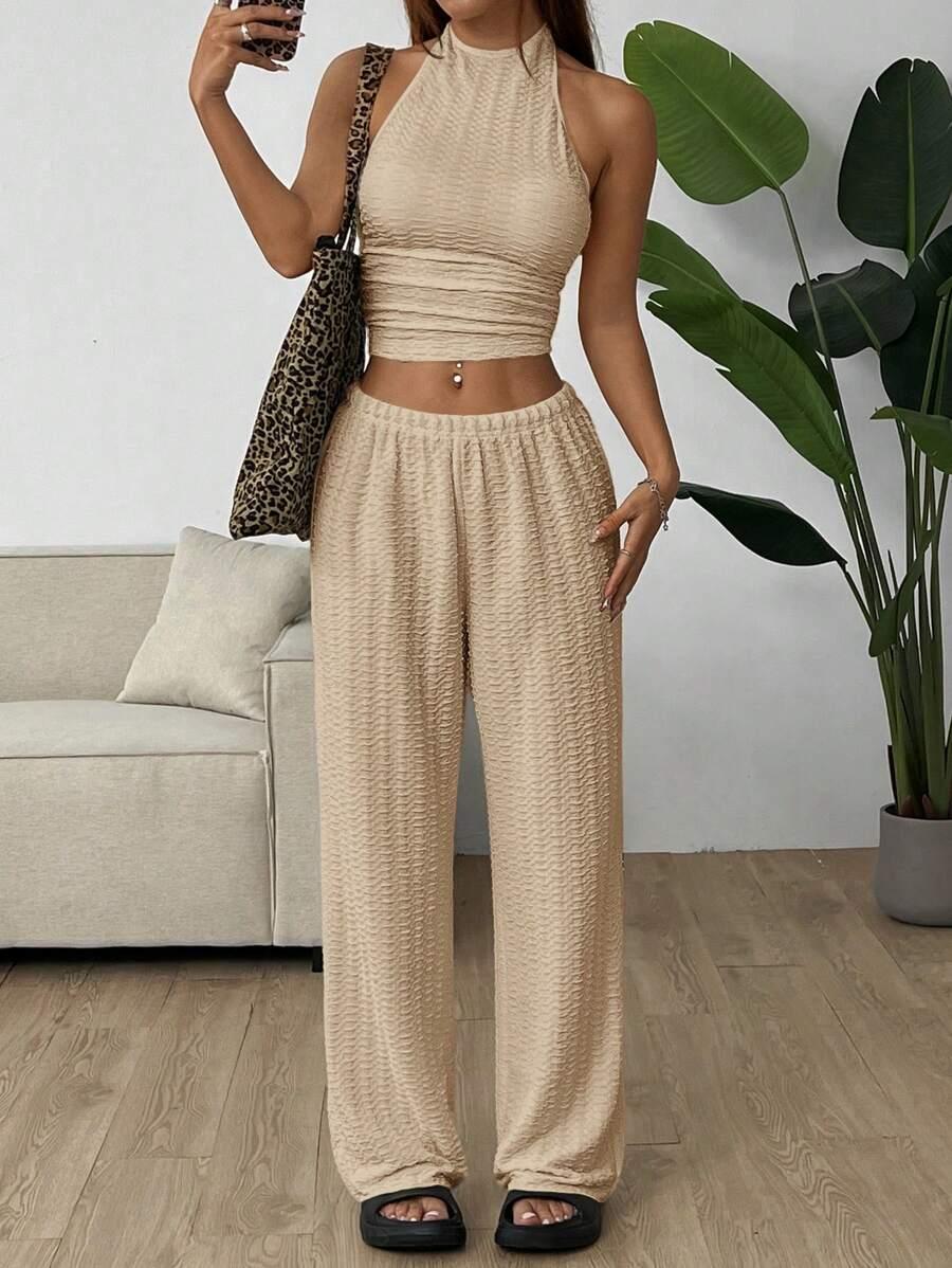 SHEIN BEŻOWY TOP BEZ RĘKAWÓW SPODNIE KOMPLET S06__L