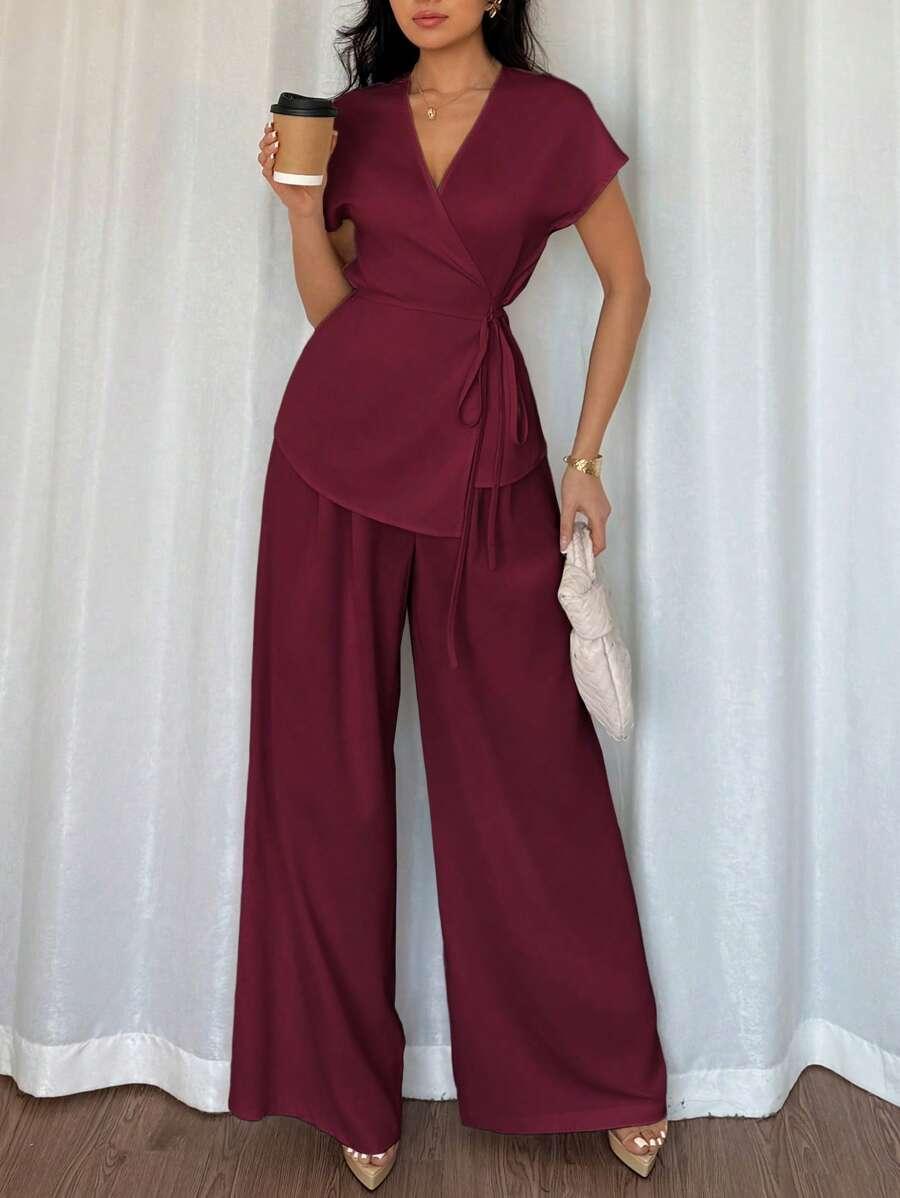 SHEIN CZERWONY KOMPLET BLUZKA SPODNIE S06__L